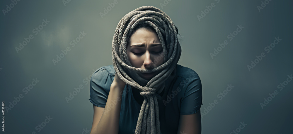 Powerful image of a tearful woman with a knot around her neck, symbolizing struggle against domestic violence and female trauma. - obrazy, fototapety, plakaty 