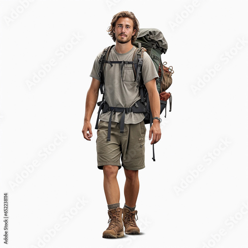 Portrait of male backpacker, isolated on white, transparent background