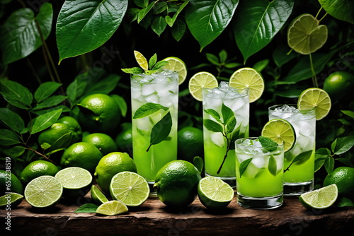 Caipirinha im Glas mit Eiswürfel und Limette. photo