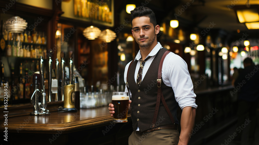 Bartender With Bear Mugs at Wooden Counter Bar Pub,  Oktoberfest Festival Celebration Party, Wearing a Traditional Bavarian German Costume. Weiter Serving Beer. Man holding a pint of beer, foamy drink