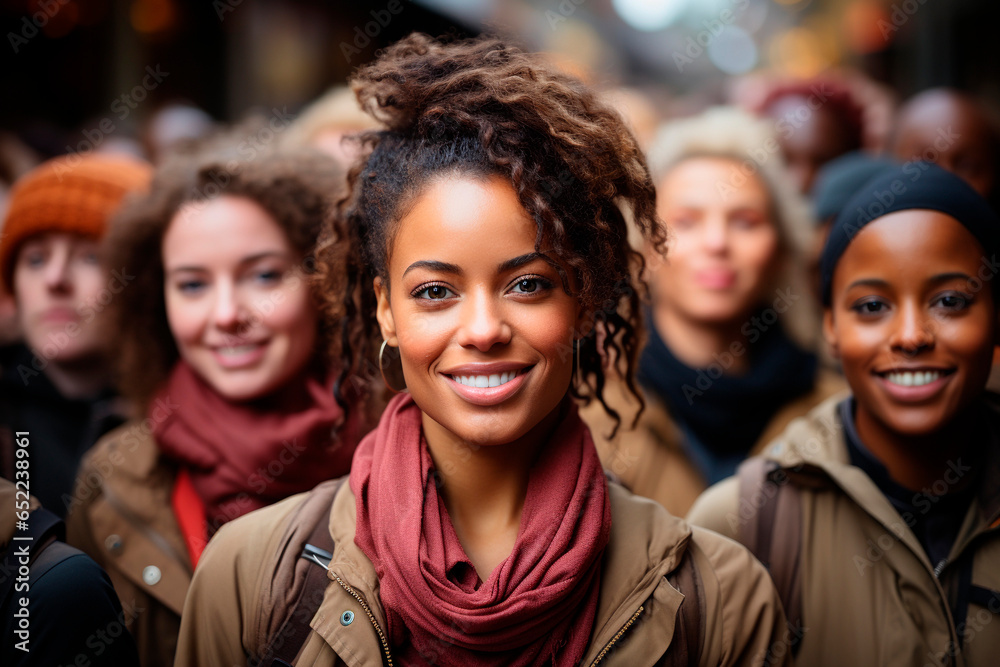 Portrait of a smiling young brunette woman with curly hair in the middle of a crowd of people in the street looking at the camera.