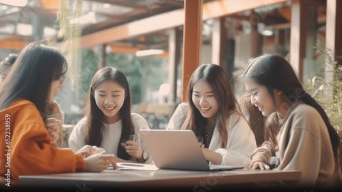 Group of young Asian college students are studying together in university.