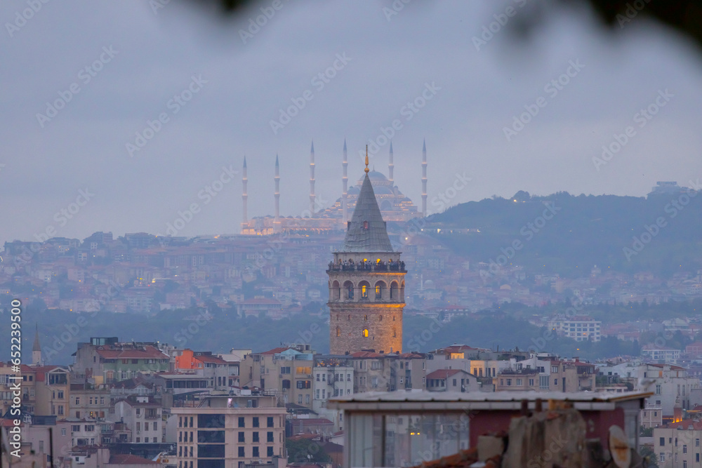 Galata Tower and new Camlica mosque istanbul Turkey