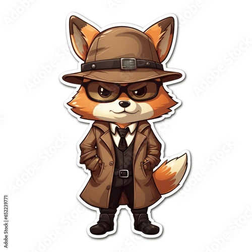 A sticker of a fox wearing a hat and coat. Digital art. Criminal crook character.