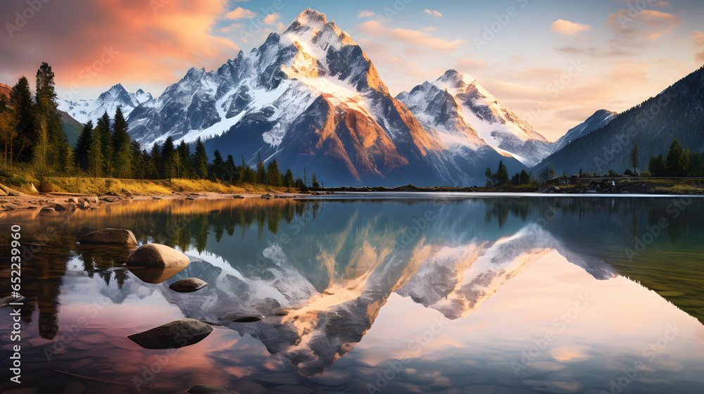 Step into an alpine wonderland with this breathtaking photograph. The image portrays a serene mountain lake surrounded by towering peaks, reflecting the pristine beauty of the natural world.