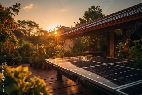 morning light with roof with solar cells © sun