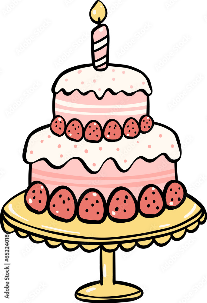 Cute Birthday cake outline doodle cartoon illustration