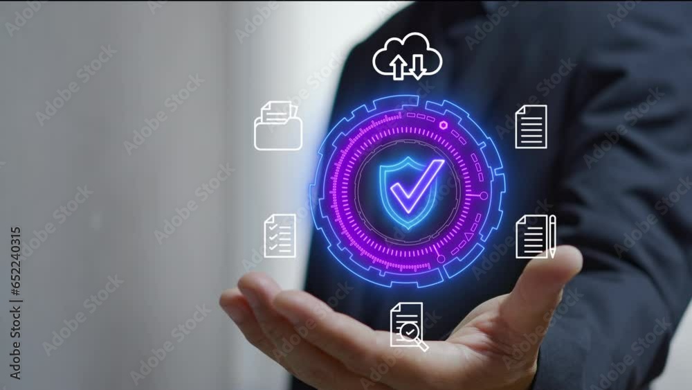 Businessman hand shows identity proofing icon for the security protection system on virtual screen. Certified guarantee approval or secure access system concept, Quality assurance of business service.