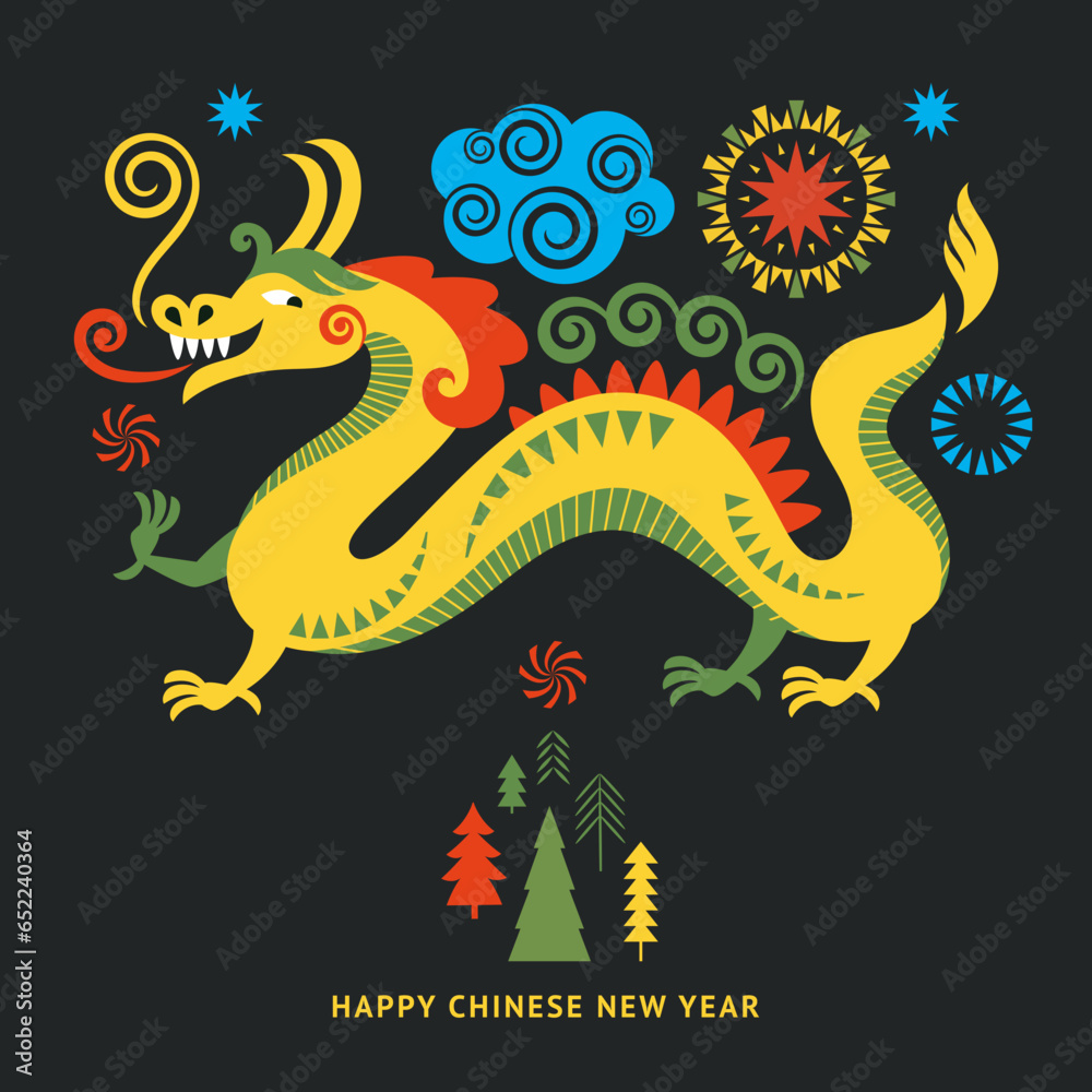  Year of the Dragon .Cute vector dragon on a dark background