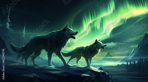 Wolf pack traversing an aurora-lit tundra  their howls weaving celestial songs. AI generative © SK