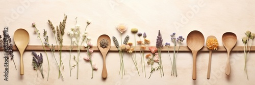 Herbal apothecary aesthetic. Dry herbs and flowers on a beige background. With Generative AI technology