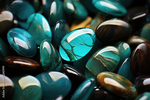 A close up of a bunch of green and black stones. Digital art.