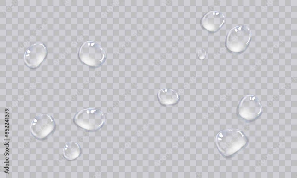 Vector water droplets. Droplets, condensation on glass, on various surfaces. Realistic droplets on a transparent isolated background. PNG. - obrazy, fototapety, plakaty 