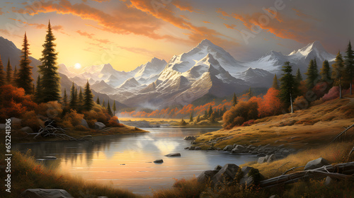 Witness a stunning mountain sunrise panorama in this highly detailed shot. The warm hues of dawn illuminate the peaks, creating a visually captivating and tranquil scene.