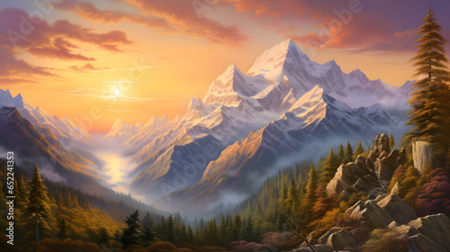 Witness a stunning mountain sunrise panorama in this highly detailed shot. The warm hues of dawn illuminate the peaks, creating a visually captivating and tranquil scene.