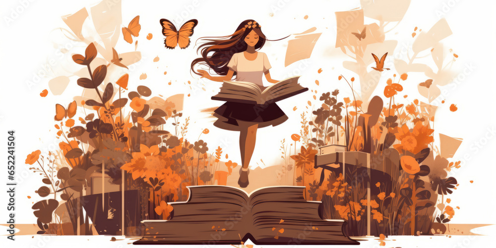 Young woman opening a huge open book surrounding the many flowers, leaves, plants. Back to school, library concept design. Vector illustration, poster and banner Book festival concept - obrazy, fototapety, plakaty 