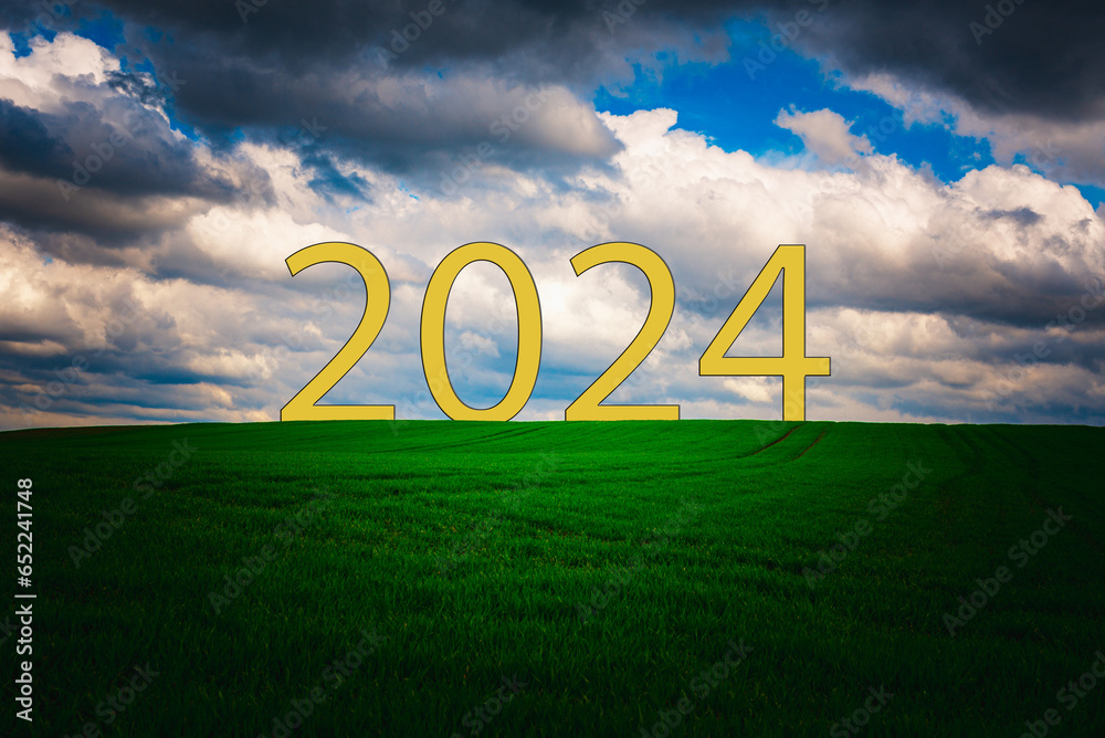 New Year 2024 is change concept.Green meadow with blue sky and clouds