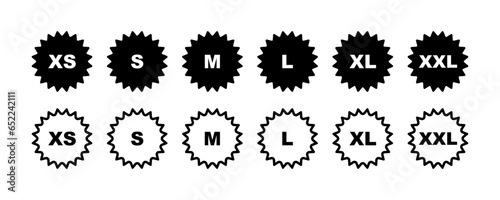 Clothing size vector icons set. Clothes labels s, xs, m, l, xl, xxl. Vector 10 Eps.