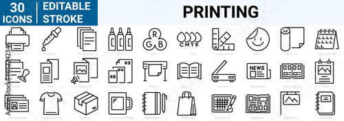 set of 30 line web icons Printing and polygraphy elements. Editable stroke. vector illustration.