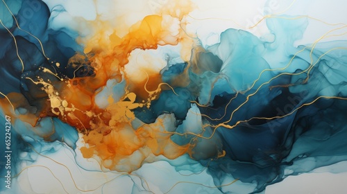 Abstract hand drawn alcohol ink background. Blue, yellow and golden colors. Generative Ai. 