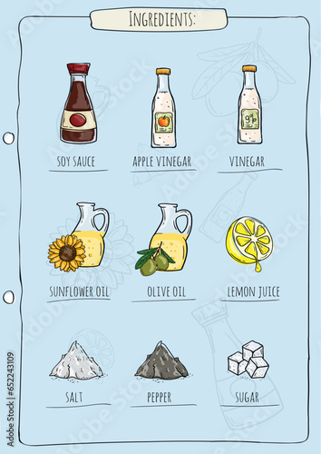 Vector image of ingredients and spices for a recipe, page for a cookbook