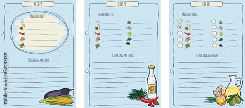 Hand-drawn vector illustration of a cookbook for recording recipes with photos.