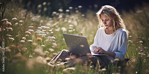 Serene blond hippie woman immersed in nature, working on laptop amid vast, de-contrasted wild meadow with a cold filter. Evokes freedom, peace.