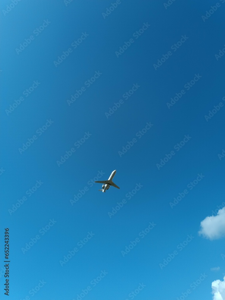 Airplane on the background of a blue sky view from below