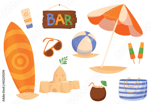 Set of summer element, beach accessories for sea holidays