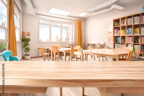 The Blank wooden table top on the blurred schoolchild room interior background