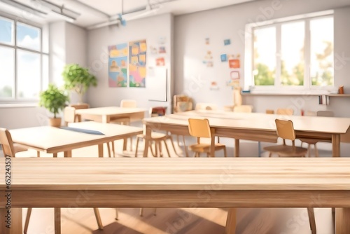 The Blank wooden table top on the blurred schoolchild room interior background © sania