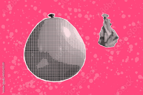 Halftone collage banner, breast cancer awareness. One inflated balloon and one burst on a pink background, symbol.