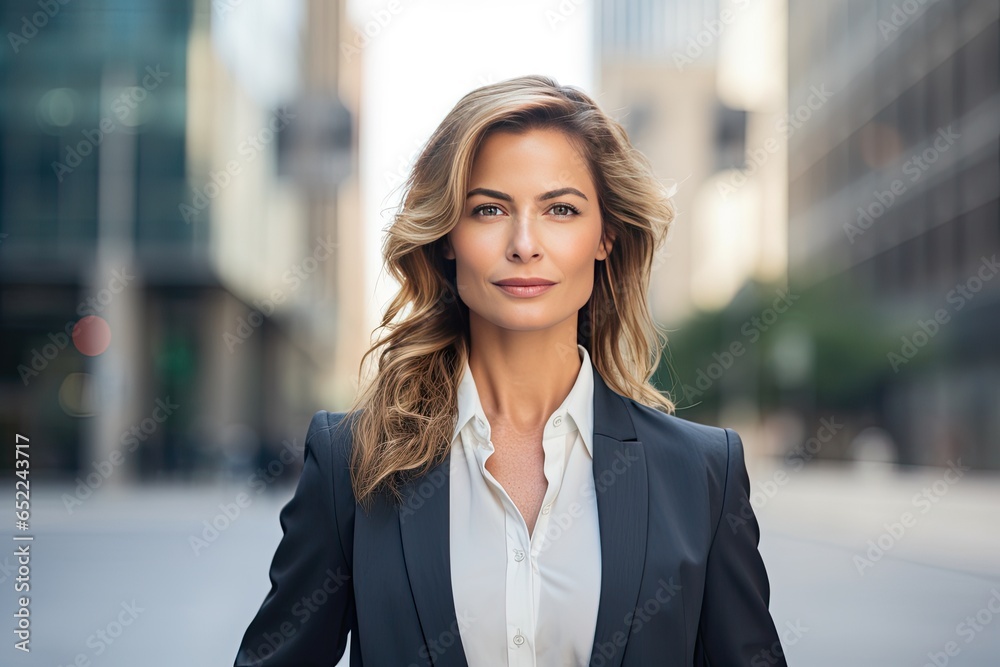 Photo of a middle aged Scandinavian businesswoman in a formal suit against the backdrop of skyscrapers in the business district of the city. Hard work in finance. Format photo 3:2 Photo of a middle aged Scandinavian businesswoman in a formal suit against the backdrop of skyscrapers in the business district of the city. Hard work in finance. Format photo 3:2