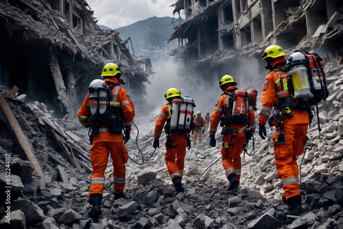 Photorealistische Illustration einer fiktiven Rettungsmanschaft beim Einsatz im Erdbebengebiet. photo