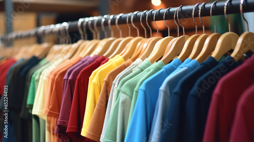 Vibrant T-Shirt Collection: Multicolored Summer Tops Gracefully Displayed on Wooden Hangers, Awaiting Shoppers in a Fashion Store..