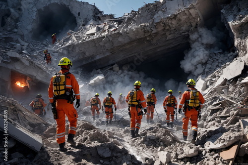Photorealistische Illustration einer fiktiven Rettungsmanschaft beim Einsatz im Erdbebengebiet. photo