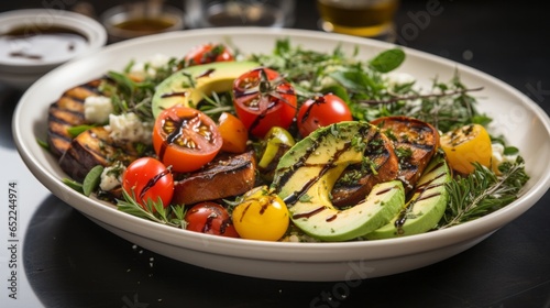 Tasty salad with balsamic vinegar on plate, closeup. Generative Ai.