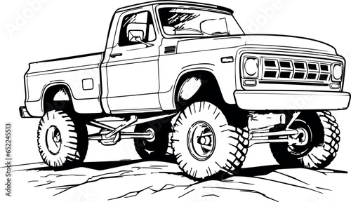 Off road car in black and white, illustrated in a vector style, with a hand-drawn feel. Generative AI