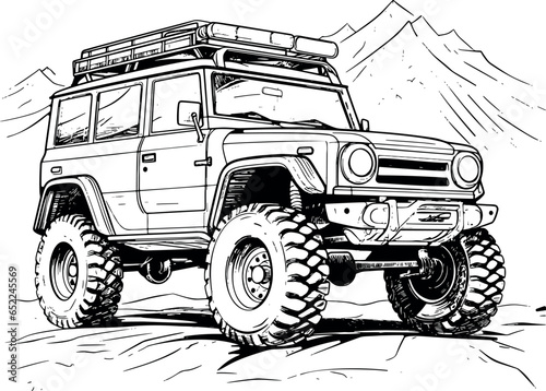 Hand-drawn vector illustration of a black and white off-road car, showcasing a classic and adventurous style. Generative AI