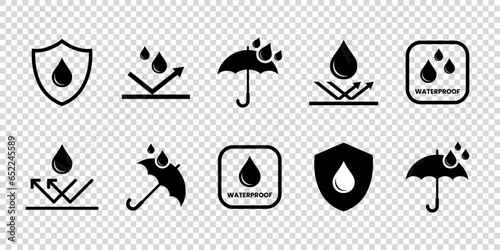 Waterproof sign symbols. Water resistant sign symbols for package. Vector elements