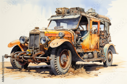 Waercolour vintage truck illustration, vehicle colorful, retro stlye.