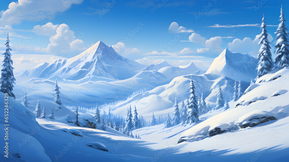 Explore the elegance of snow-covered mountain landscapes with this high-resolution image. The play of light and shadow on the pristine snow enhances the overall charm of the scene.