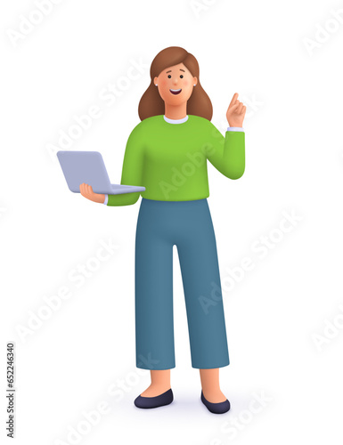 Young smiling woman standing, holding and using laptop computer . 
Computer technology concept. 3d vector people character illustration.
Cartoon minimal style.