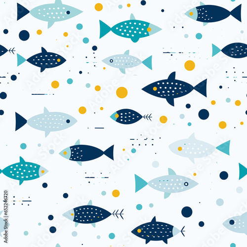 seamless pattern with fishes and bubbles on a white background