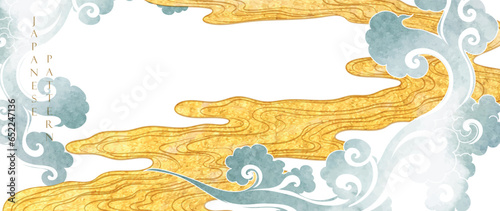 Japanese background with Chinese cloud and blue watercolor texture painting element vector. Hand drawn natural wave pattern with ocean sea decoration banner design in vintage style. Marine template.