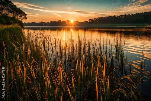 Grass on the shore of the lake at sunset. Abstract background