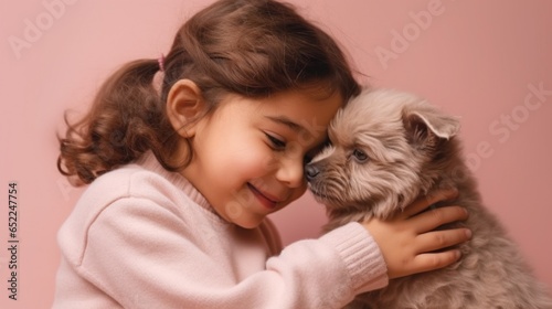 A portrait of a smiling girl with her dog against a pink studio background.