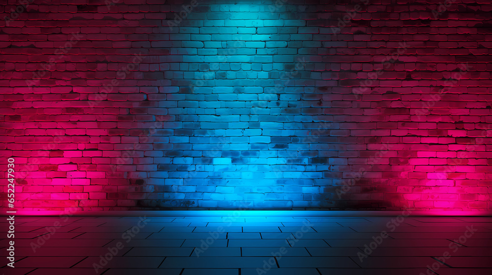 Standup comic night, Ground Three Spotlights Neon light on brick wall Standup comic night, Ground Three Spotlights Neon light on brick wall