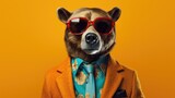 Portrait of a funny bear in a yellow jacket and sunglasses on a yellow background. ai generative