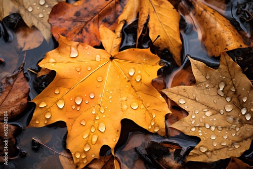 Colorful autumn maple leaves with water drops, colorful autumn background.